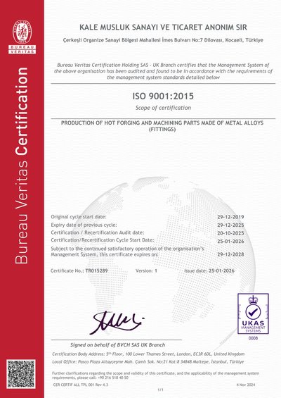 Kale Pres ISO 9001:2015 certificate issued by Bureau Veritas